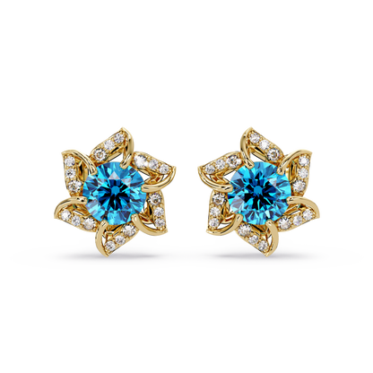 ER CAD-005 floral colorstone cluster stud earrings, Aquamarine Blue, yellow gold