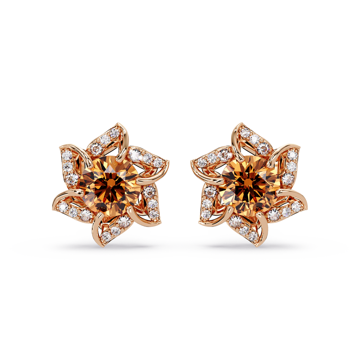 ER CAD-005 floral colorstone cluster stud earrings, Champagne Topaz, rose gold