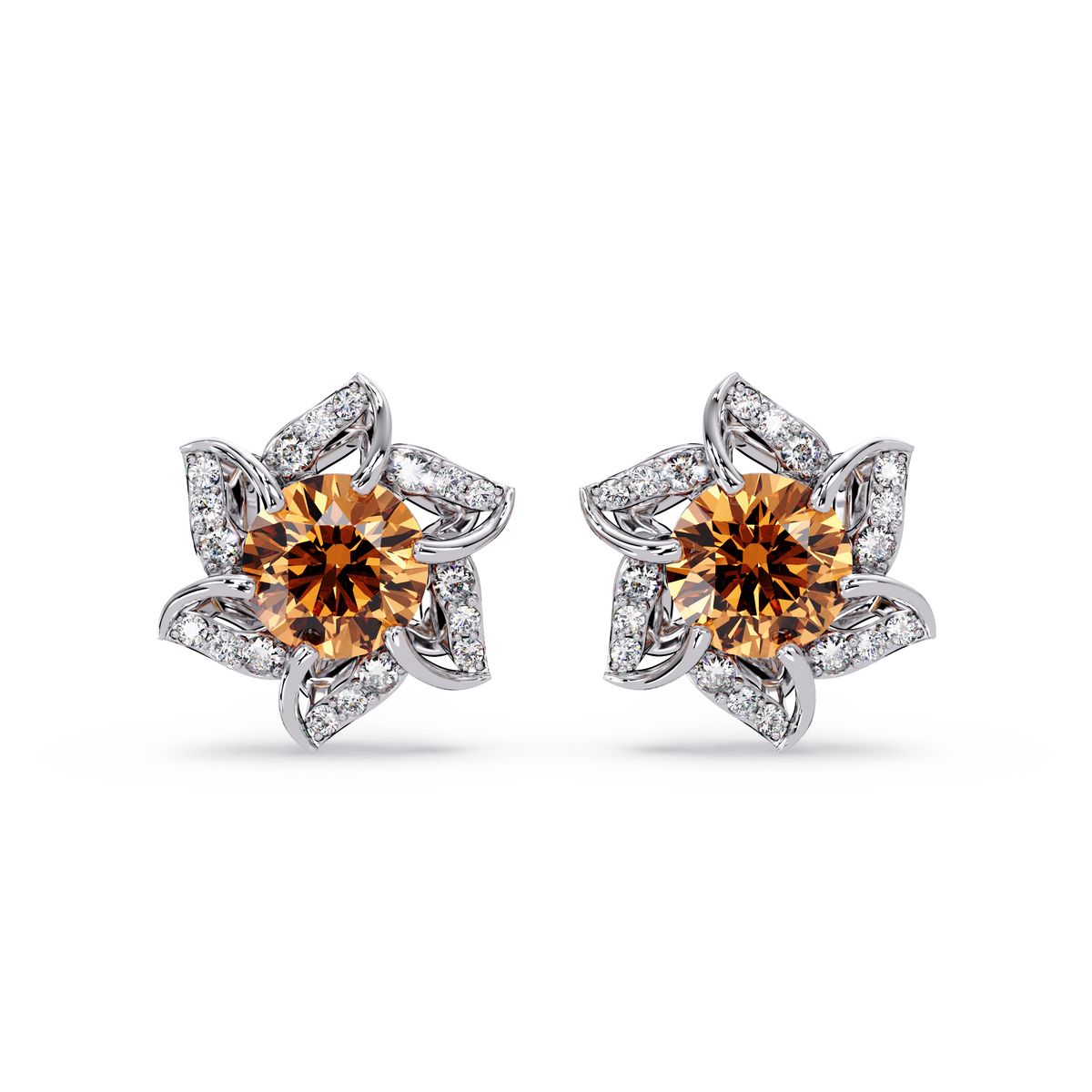 ER CAD-005 floral colorstone cluster stud earrings, Champagne Topaz, white gold
