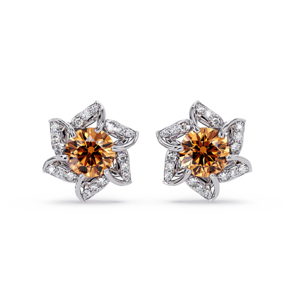 ER CAD-005 floral colorstone cluster stud earrings, Champagne Topaz, white gold