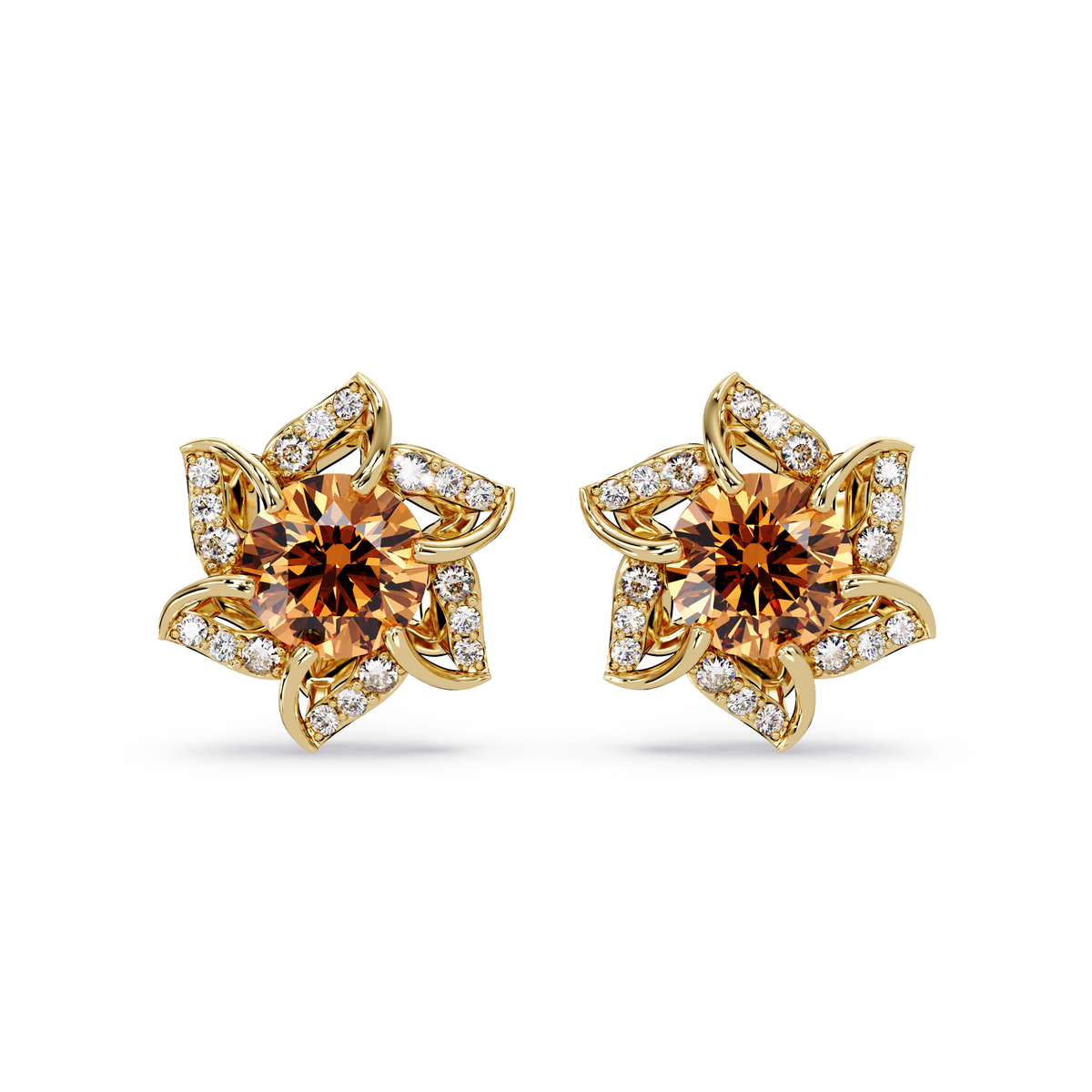 ER CAD-005 floral colorstone cluster stud earrings, Champagne Topaz, yellow gold