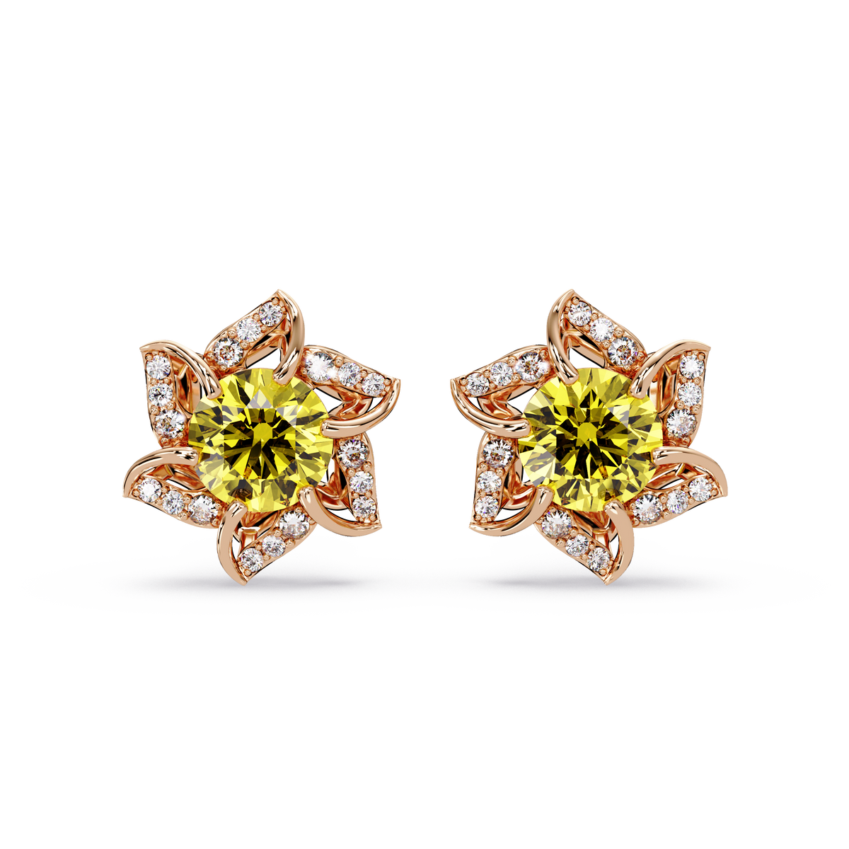 ER CAD-005 floral colorstone cluster stud earrings, Citrine Yellow, rose gold