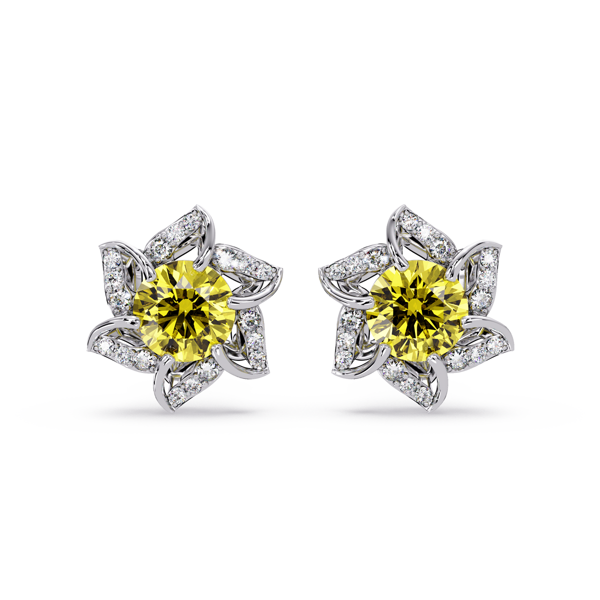 ER CAD-005 floral colorstone cluster stud earrings, Citrine Yellow, white gold