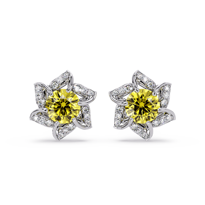 ER CAD-005 floral colorstone cluster stud earrings, Citrine Yellow, white gold