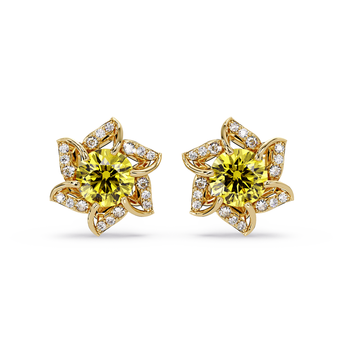 ER CAD-005 floral colorstone cluster stud earrings, Citrine Yellow, yellow gold