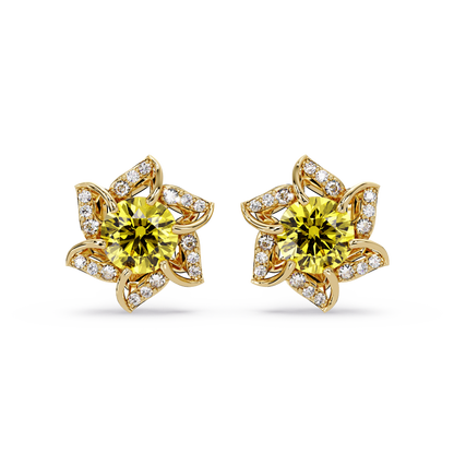 ER CAD-005 floral colorstone cluster stud earrings, Citrine Yellow, yellow gold