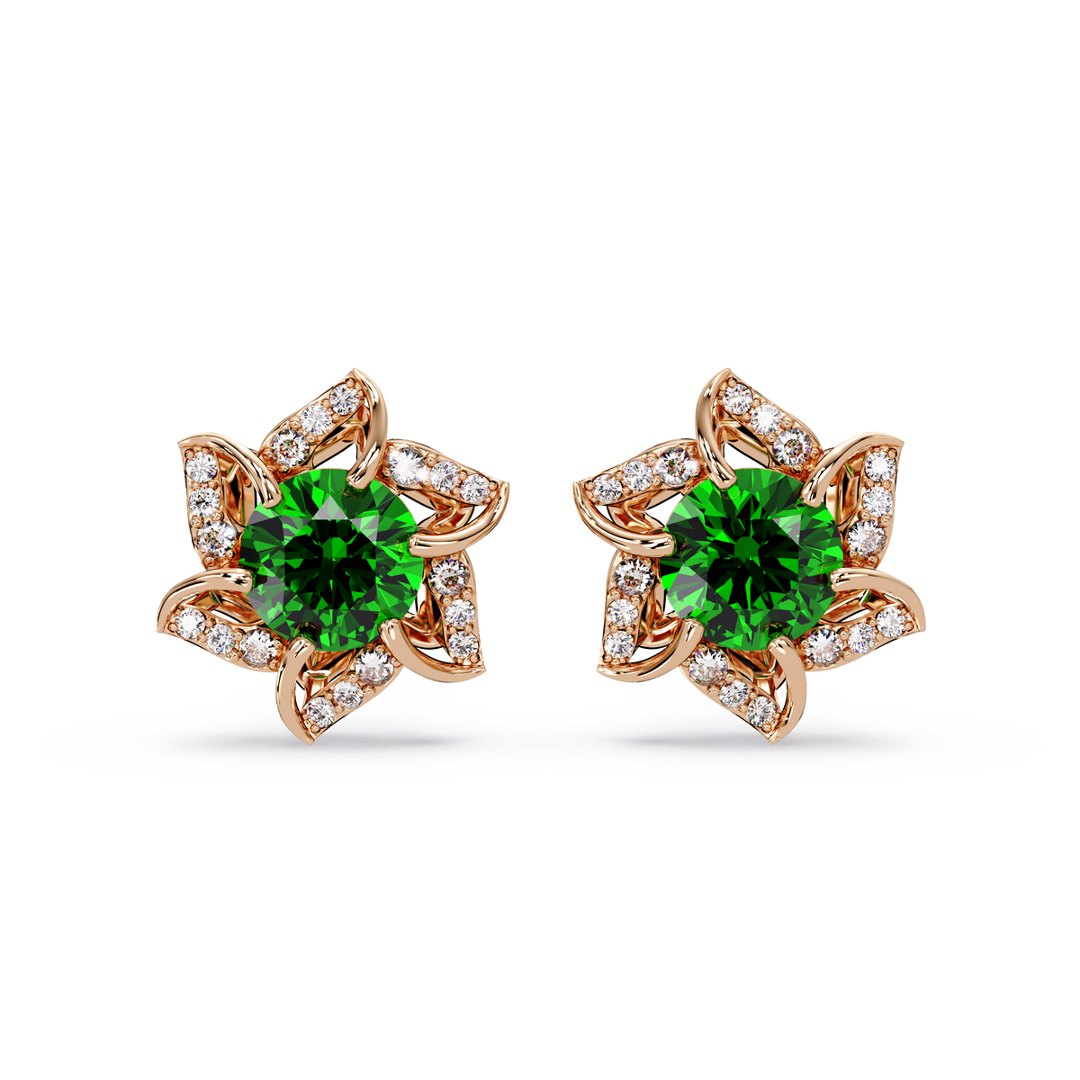 ER CAD-005 floral colorstone cluster stud earrings, Emerald Green, rose gold
