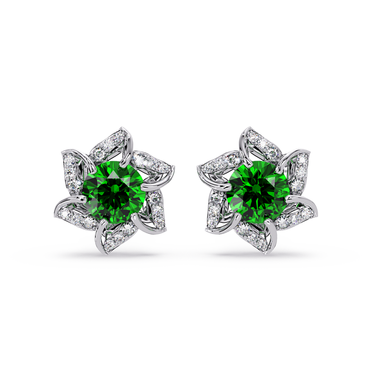 ER CAD-005 floral colorstone cluster stud earrings, Emerald Green, white gold
