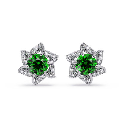 ER CAD-005 floral colorstone cluster stud earrings, Emerald Green, white gold