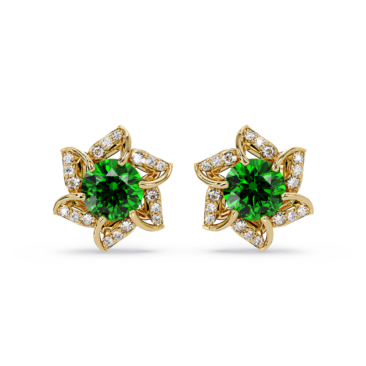ER CAD-005 floral colorstone cluster stud earrings, Emerald Green, yellow gold