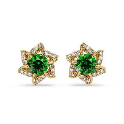 ER CAD-005 floral colorstone cluster stud earrings, Emerald Green, yellow gold