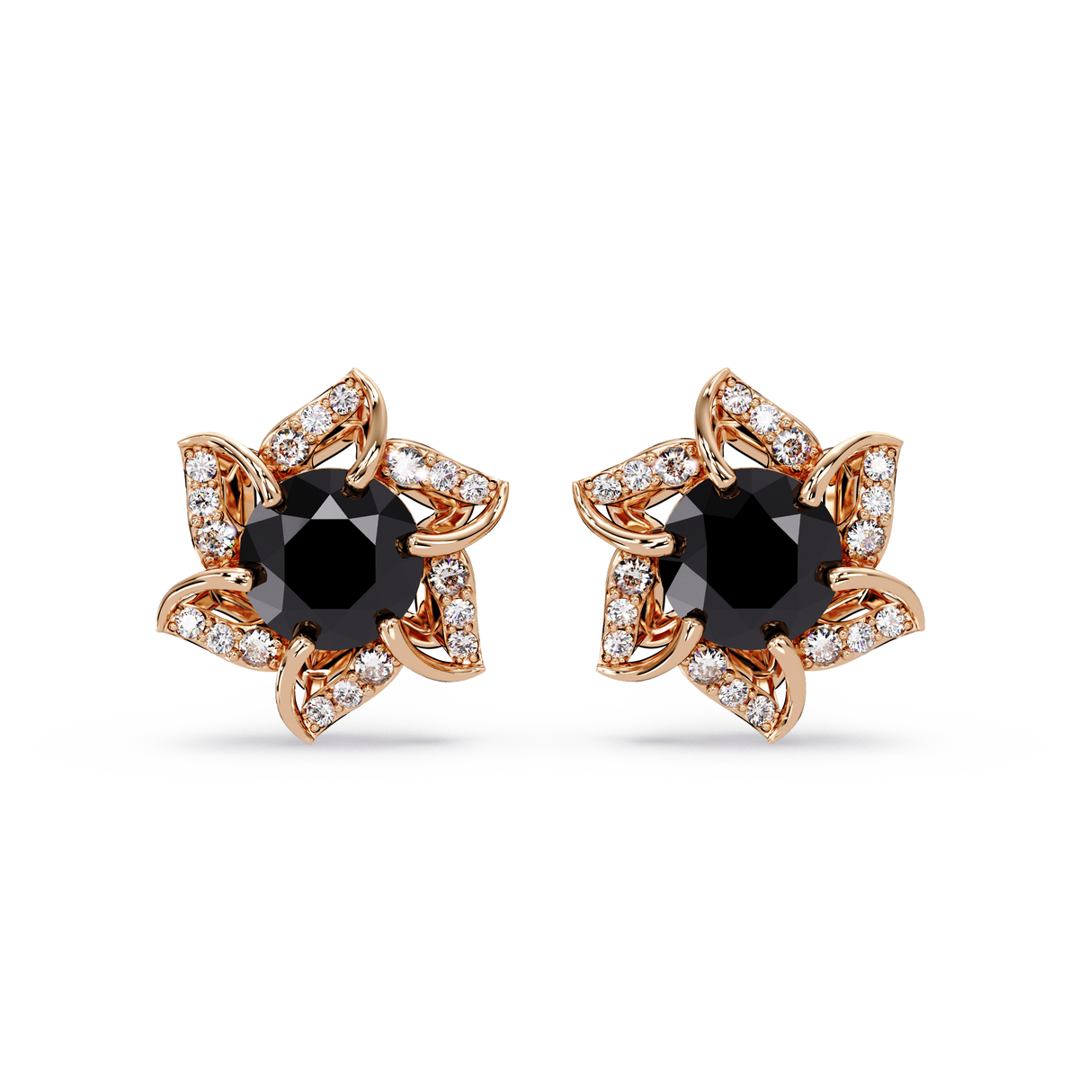 ER CAD-005 floral colorstone cluster stud earrings, Onyx, rose gold