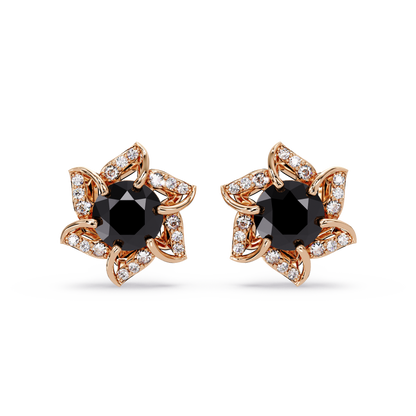ER CAD-005 floral colorstone cluster stud earrings, Onyx, rose gold
