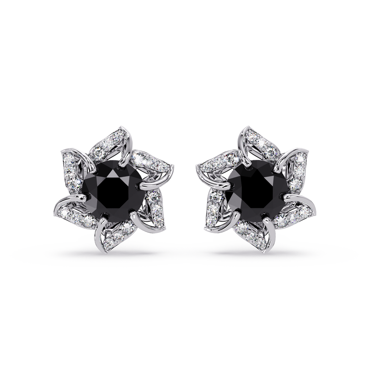 ER CAD-005 floral colorstone cluster stud earrings, Onyx, white gold