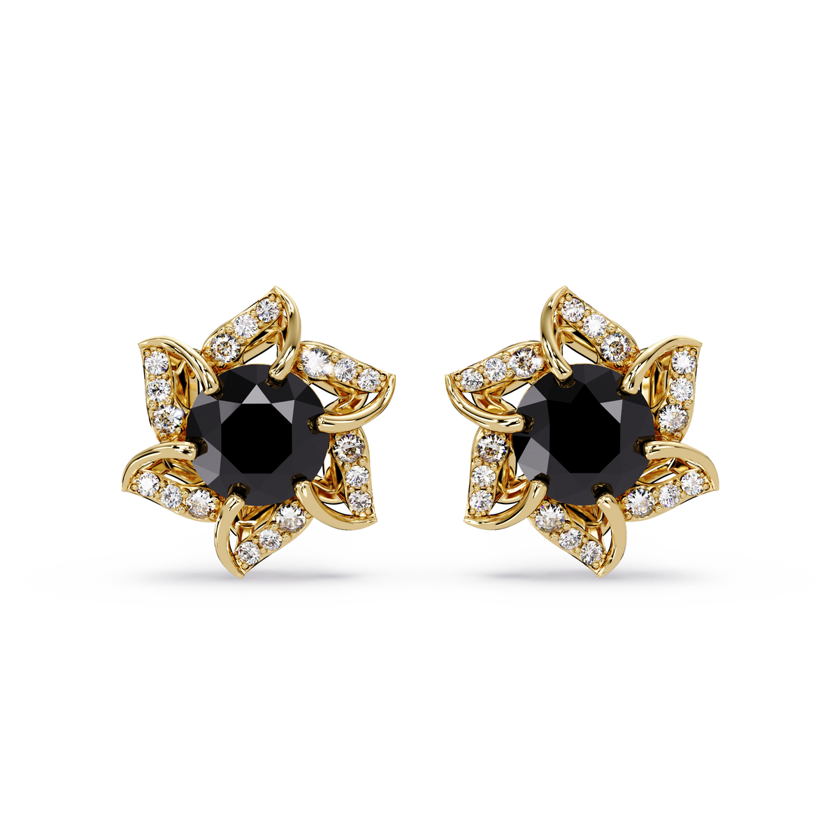 ER CAD-005 floral colorstone cluster stud earrings, Onyx, yellow gold