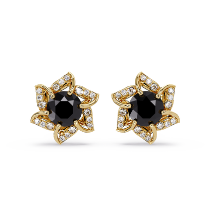 ER CAD-005 floral colorstone cluster stud earrings, Onyx, yellow gold