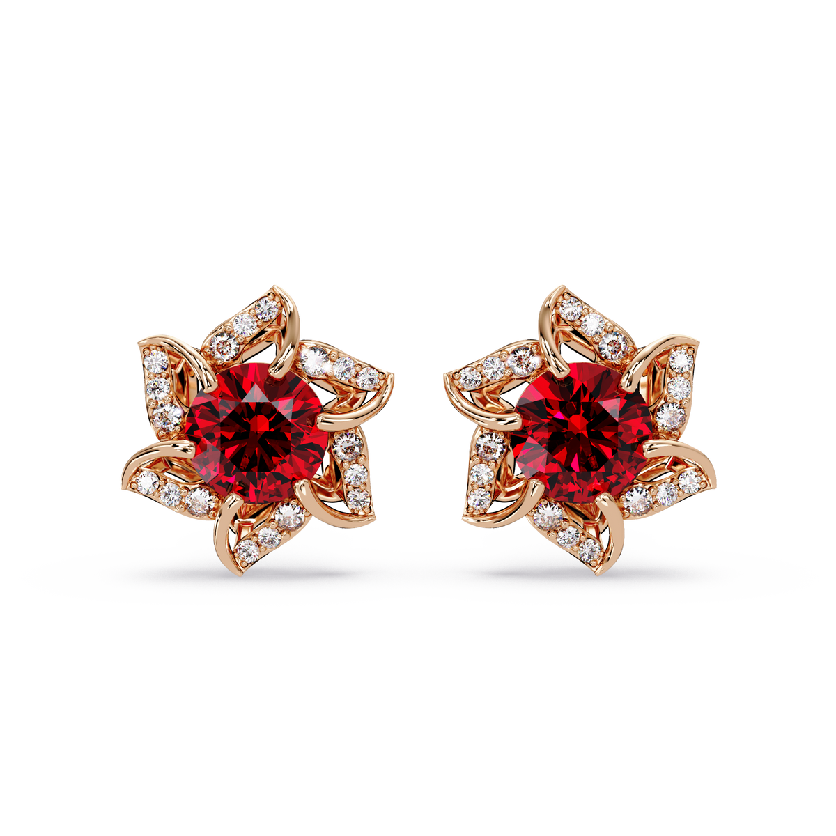 ER CAD-005 floral colorstone cluster stud earrings, Ruby Red, rose gold
