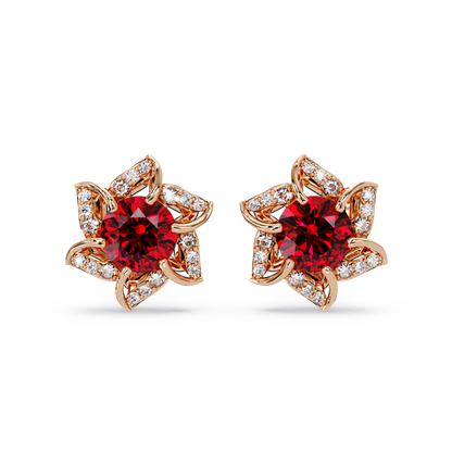 ER CAD-005 floral colorstone cluster stud earrings, Ruby Red, rose gold