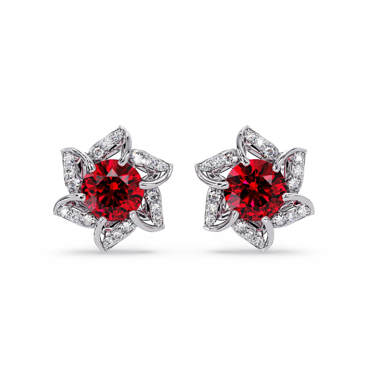ER CAD-005 floral colorstone cluster stud earrings, Ruby Red, white gold