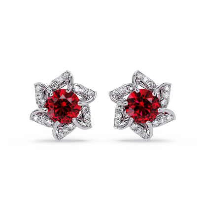 ER CAD-005 floral colorstone cluster stud earrings, Ruby Red, white gold