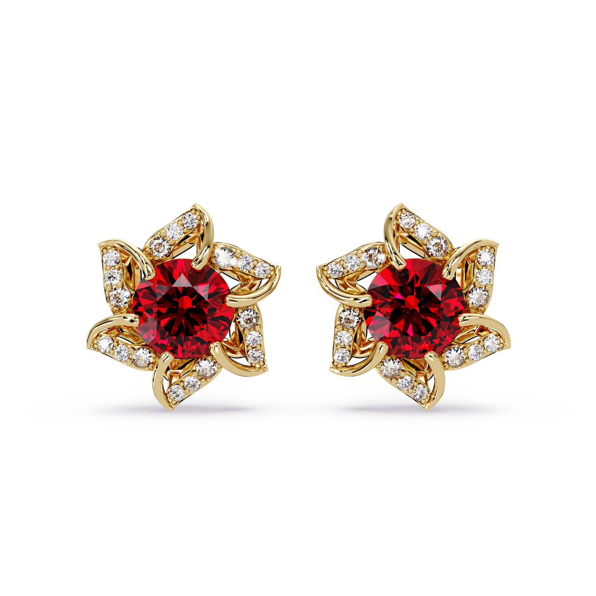 ER CAD-005 floral colorstone cluster stud earrings, Ruby Red, yellow gold