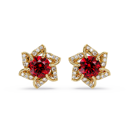 ER CAD-005 floral colorstone cluster stud earrings, Ruby Red, yellow gold