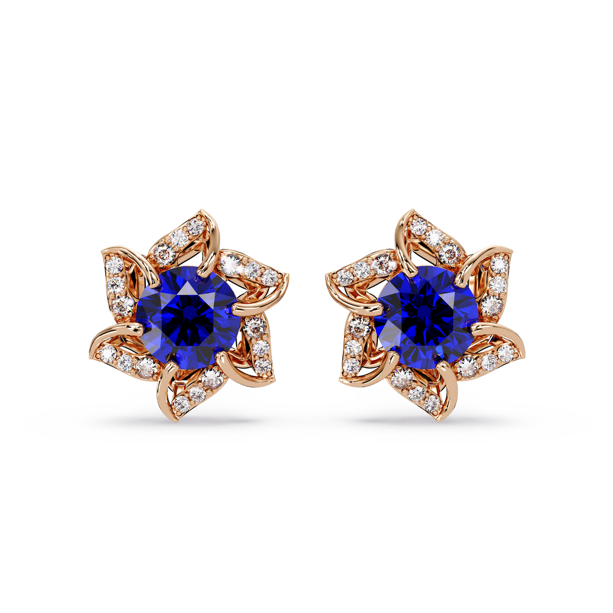 ER CAD-005 floral colorstone cluster stud earrings, Sapphire Blue, rose gold
