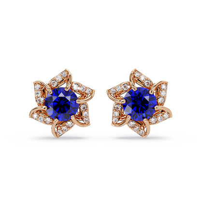 ER CAD-005 floral colorstone cluster stud earrings, Sapphire Blue, rose gold