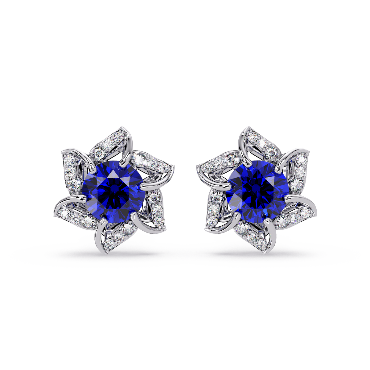 ER CAD-005 floral colorstone cluster stud earrings, Sapphire Blue, white gold