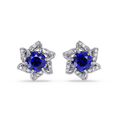 ER CAD-005 floral colorstone cluster stud earrings, Sapphire Blue, white gold