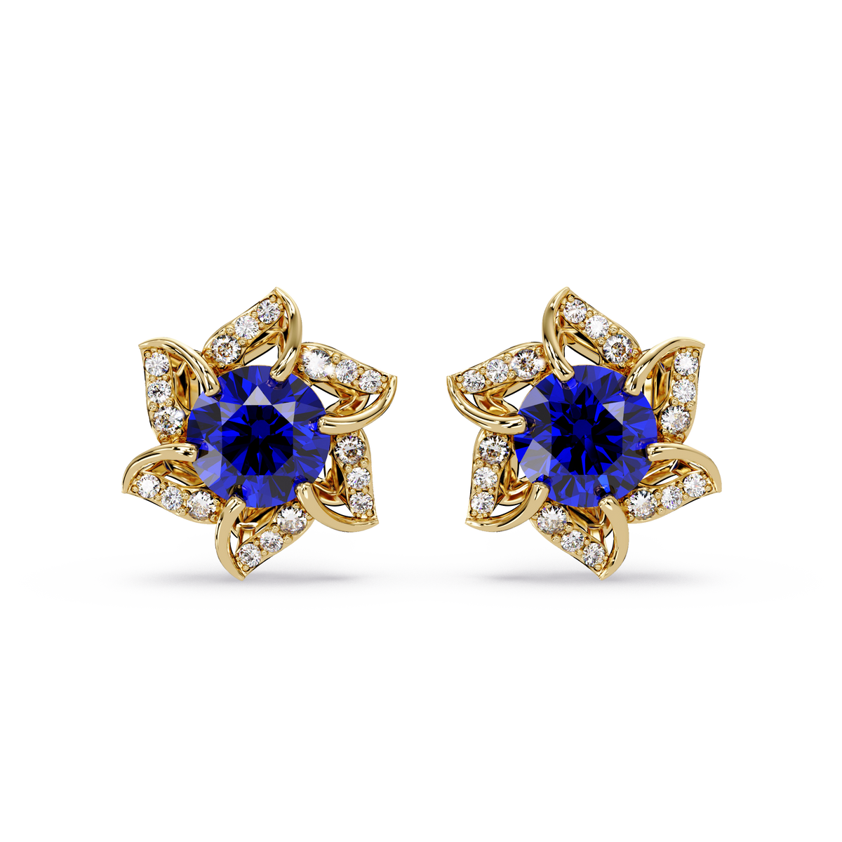 ER CAD-005 floral colorstone cluster stud earrings, Sapphire Blue, yellow gold