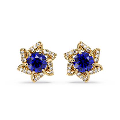 ER CAD-005 floral colorstone cluster stud earrings, Sapphire Blue, yellow gold