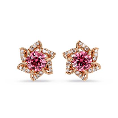 ER CAD-005 floral colorstone cluster stud earrings, Tourmaline Pink, rose gold