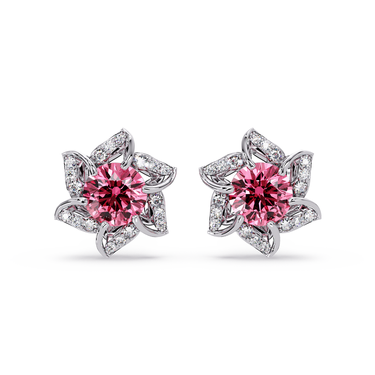 ER CAD-005 floral colorstone cluster stud earrings, Tourmaline Pink, white gold