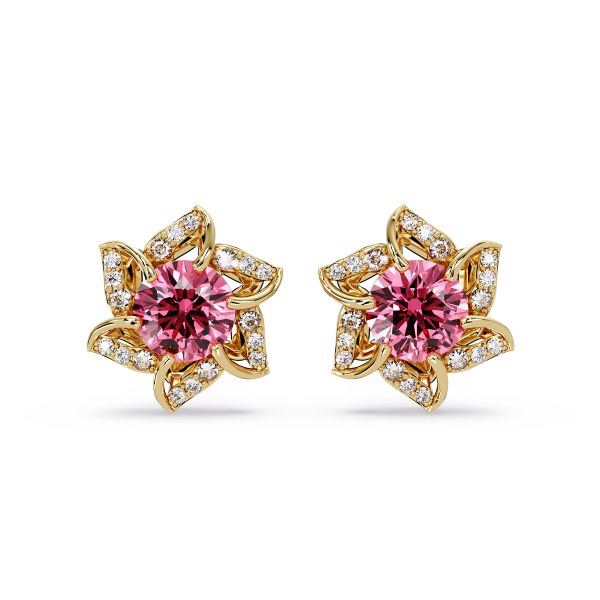 ER CAD-005 floral colorstone cluster stud earrings, Tourmaline Pink, yellow gold