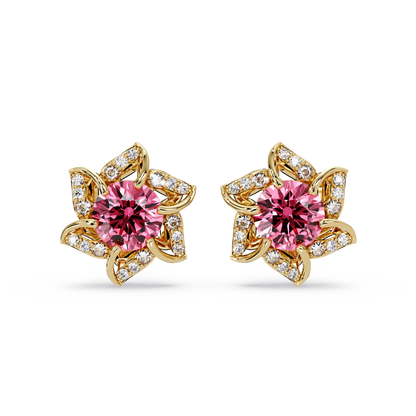 ER CAD-005 floral colorstone cluster stud earrings, Tourmaline Pink, yellow gold