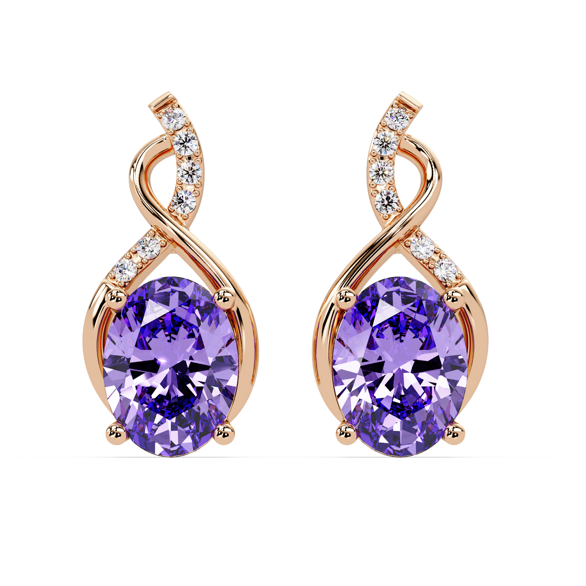 ER CAD-006 swirl oval colorstone drop earrings, Amethyst Purple, rose gold