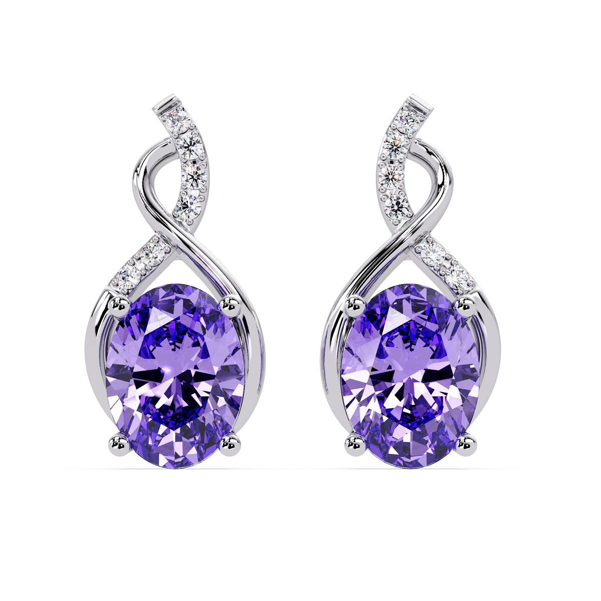 ER CAD-006 swirl oval colorstone drop earrings, Amethyst Purple, white gold