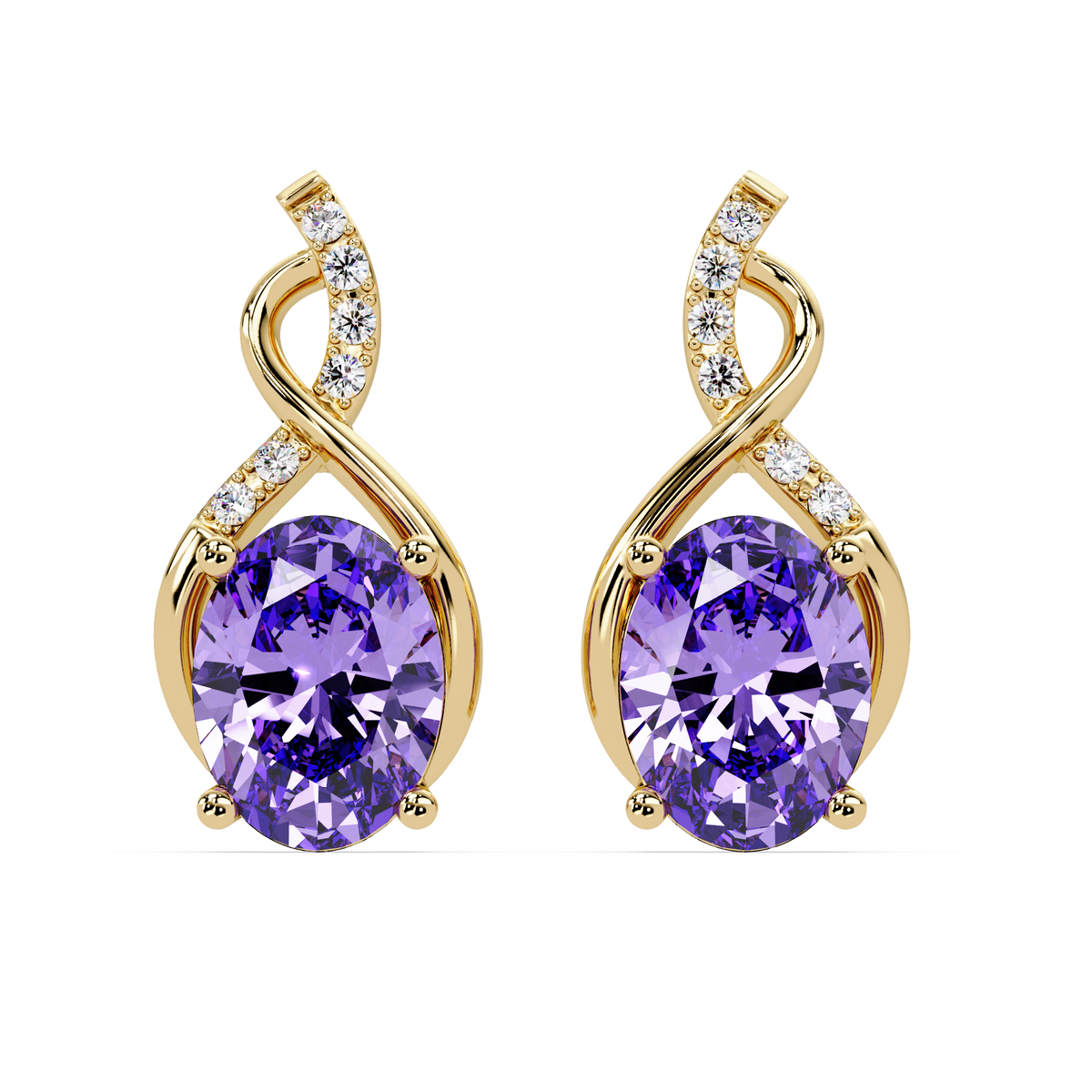 ER CAD-006 swirl oval colorstone drop earrings, Amethyst Purple, yellow gold
