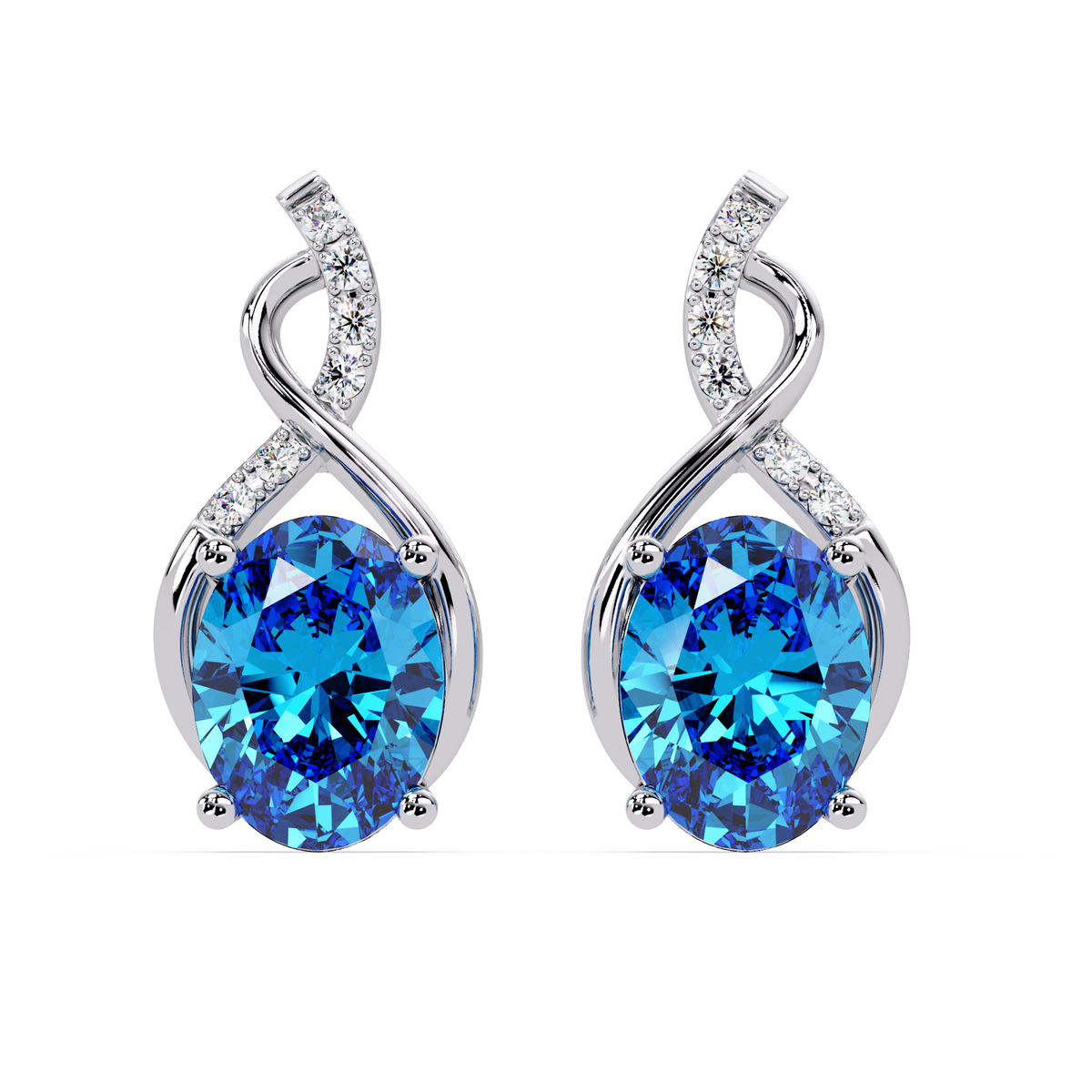 ER CAD-006 swirl oval colorstone drop earrings, Aquamarine Blue, white gold