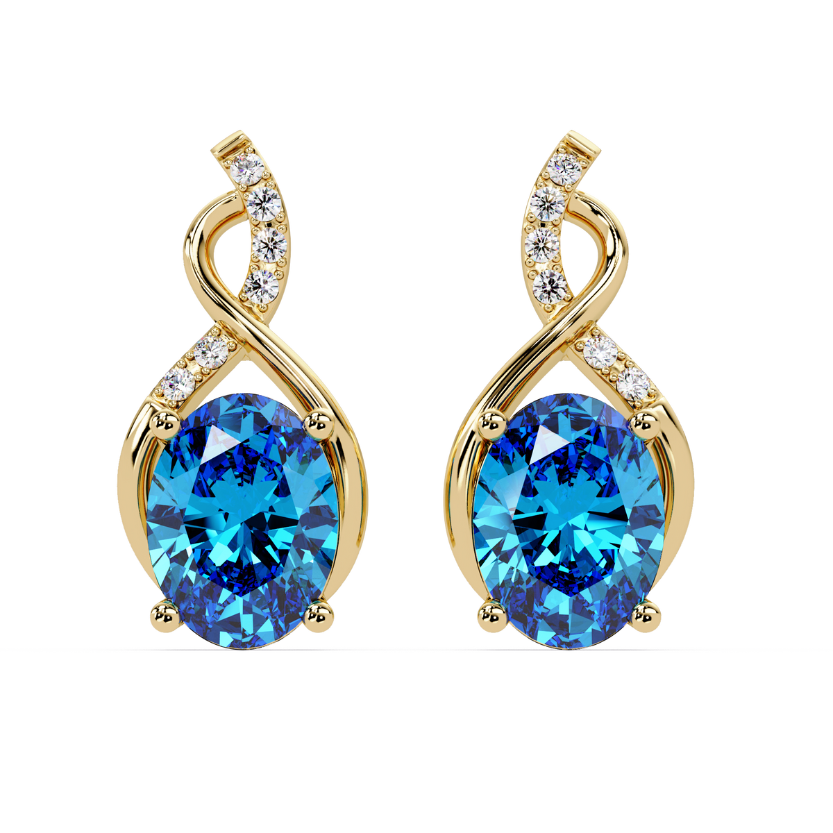 ER CAD-006 swirl oval colorstone drop earrings, Aquamarine Blue, yellow gold