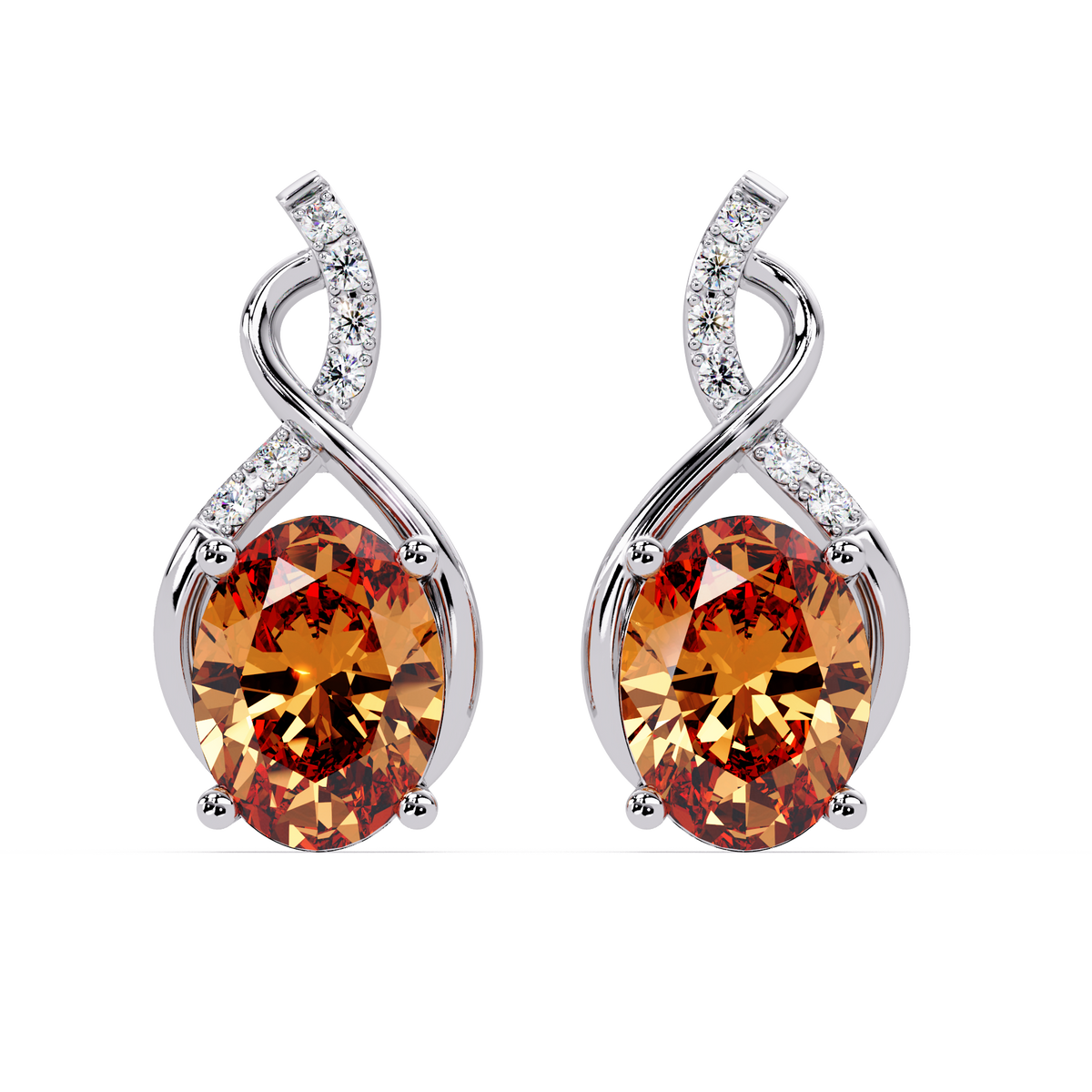 ER CAD-006 swirl oval colorstone drop earrings, Champagne Topaz, white gold