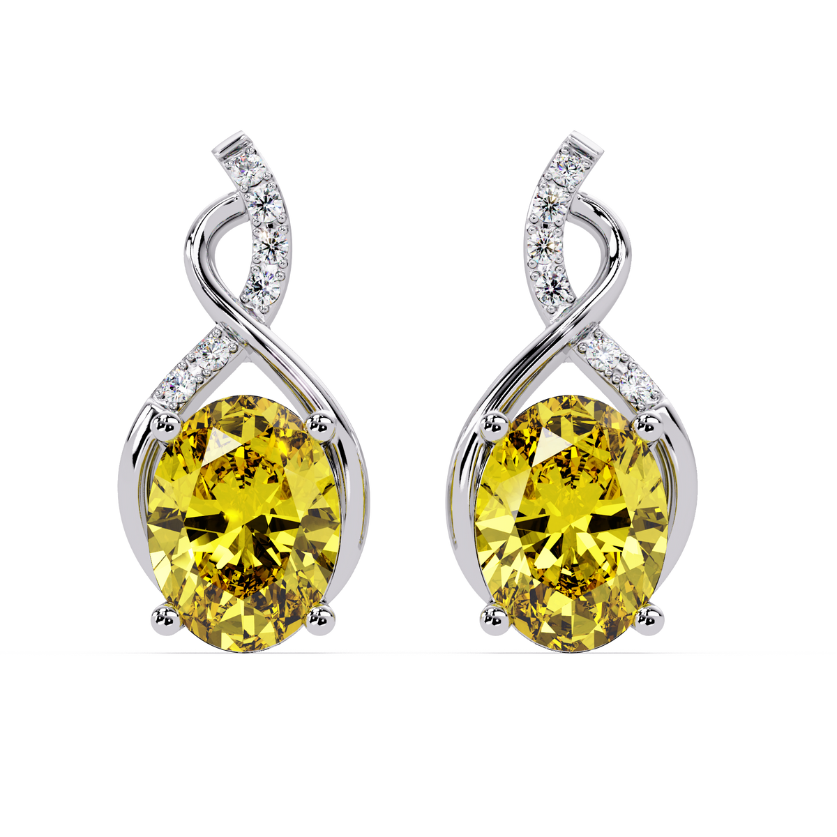ER CAD-006 swirl oval colorstone drop earrings, Citrine Yellow, white gold