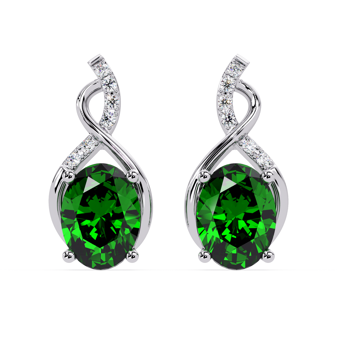 ER CAD-006 swirl oval colorstone drop earrings, Emerald Green, white gold