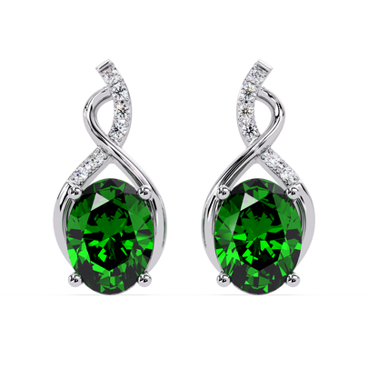 ER CAD-006 swirl oval colorstone drop earrings, Emerald Green, white gold