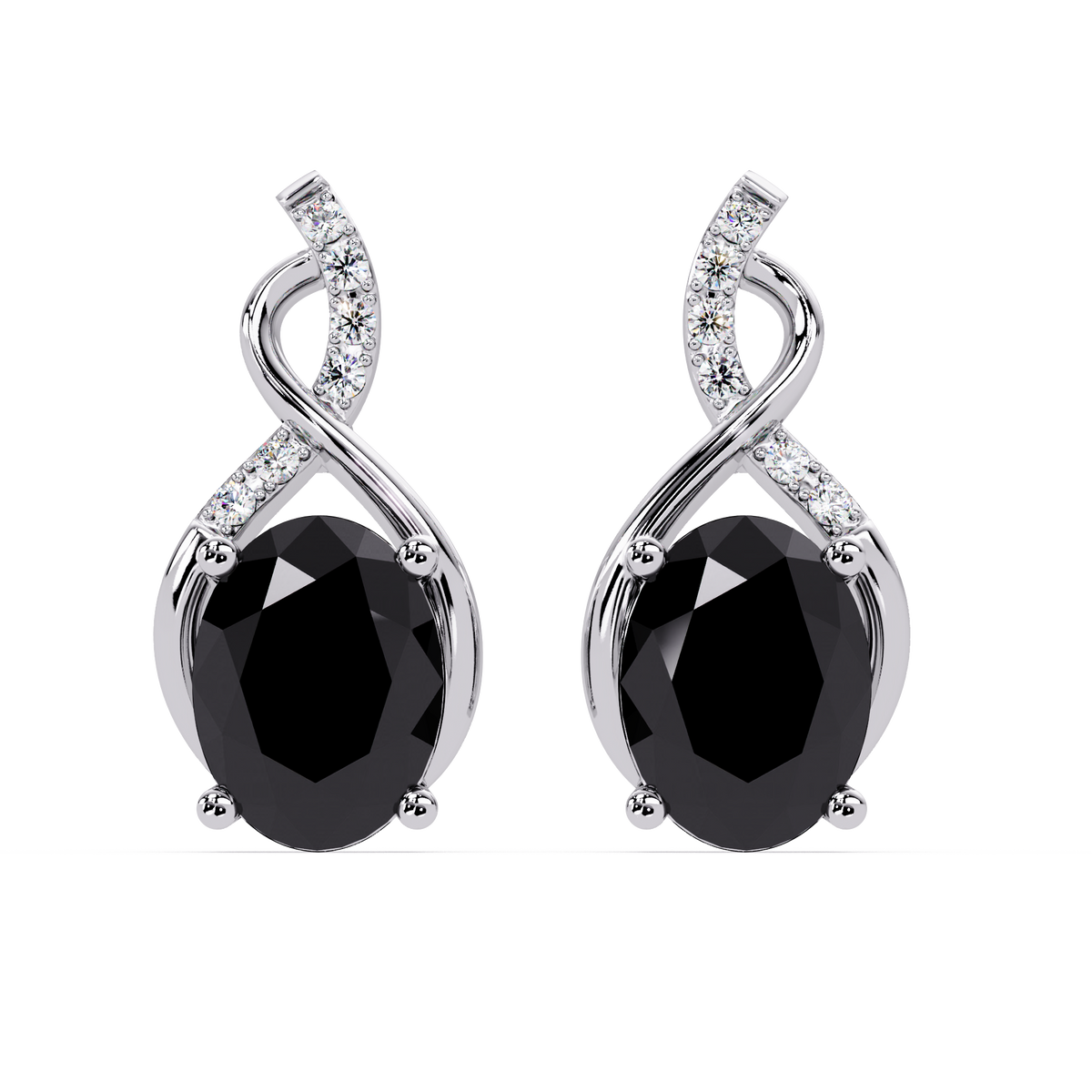 ER CAD-006 swirl oval colorstone drop earrings, Onyx, white gold