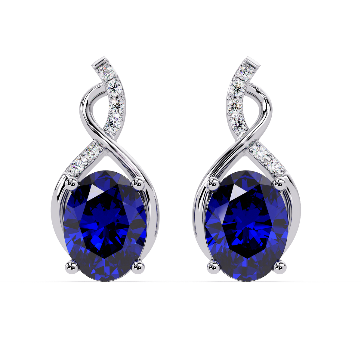 ER CAD-006 swirl oval colorstone drop earrings, Sapphire Blue, white gold