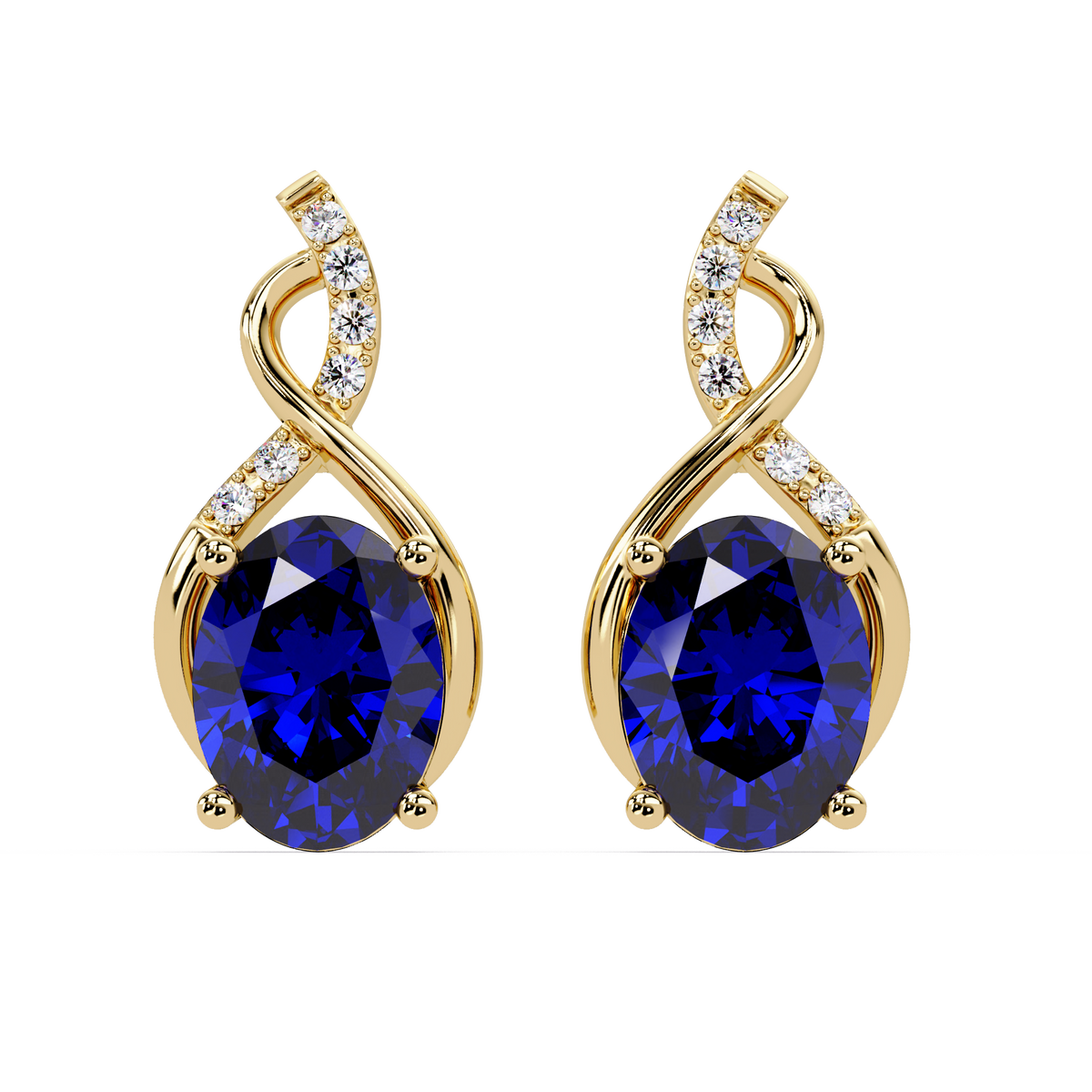 ER CAD-006 swirl oval colorstone drop earrings, Sapphire Blue, yellow gold