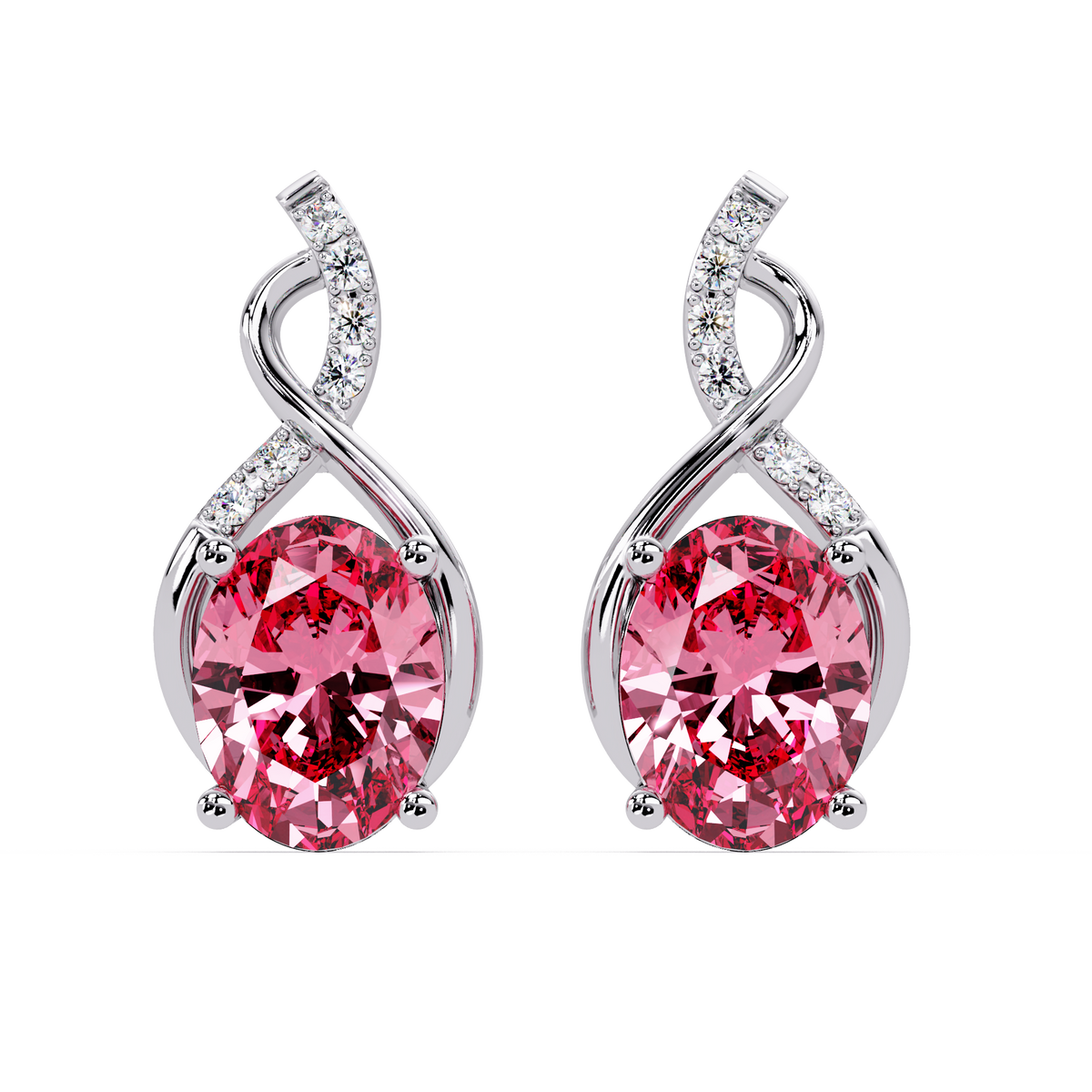 ER CAD-006 swirl oval colorstone drop earrings, Tourmaline Pink, white gold