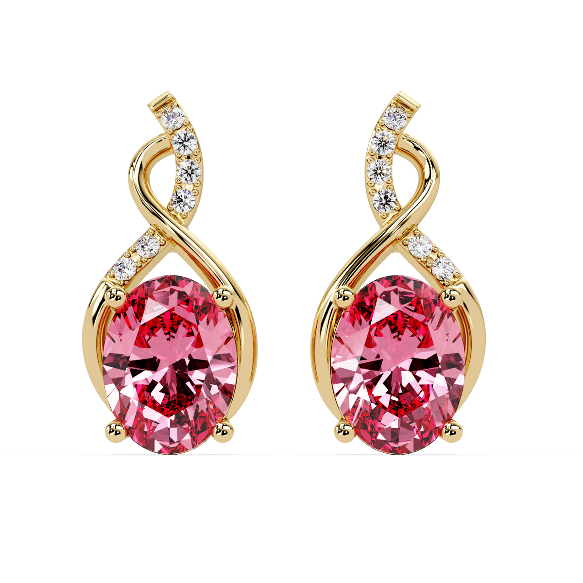 ER CAD-006 swirl oval colorstone drop earrings, Tourmaline Pink, yellow gold